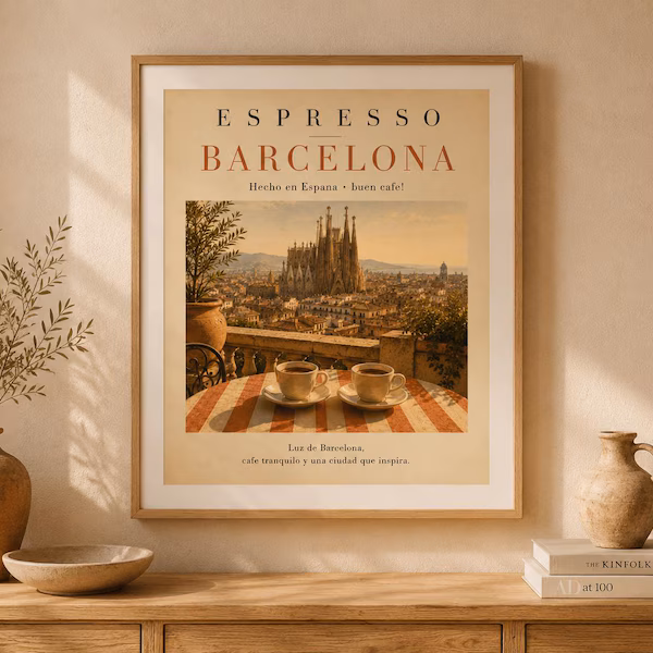 Affiche Espresso Barcelona dans un intérieur lumineux